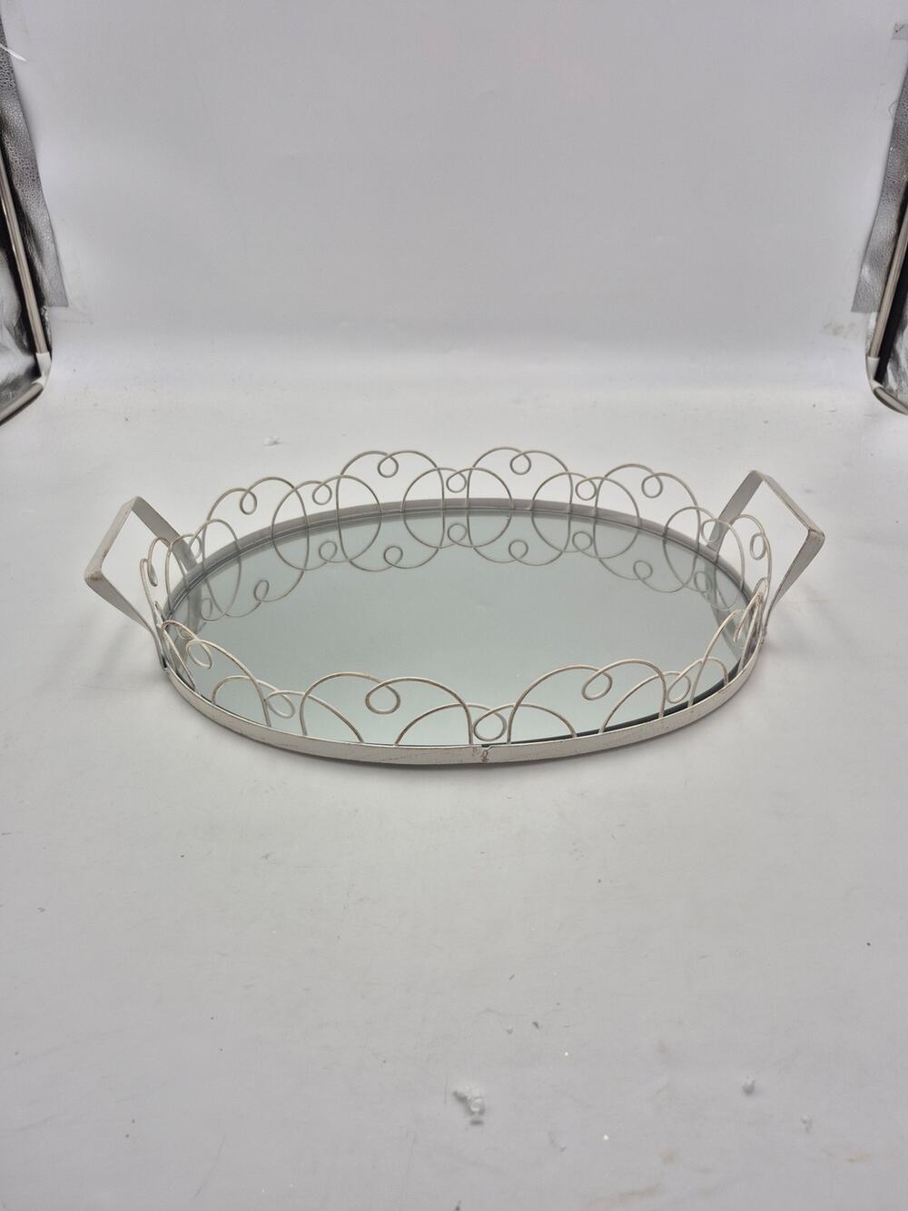 Temptations Oval Silver Scalloped Mirrored Vanity Decorative Serving Handle Tray